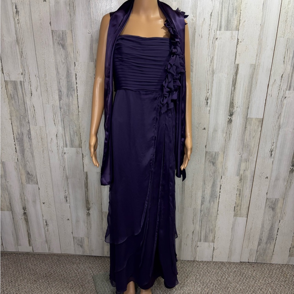 David’s Bridal Purple Ruched Gown with Satin Wrap